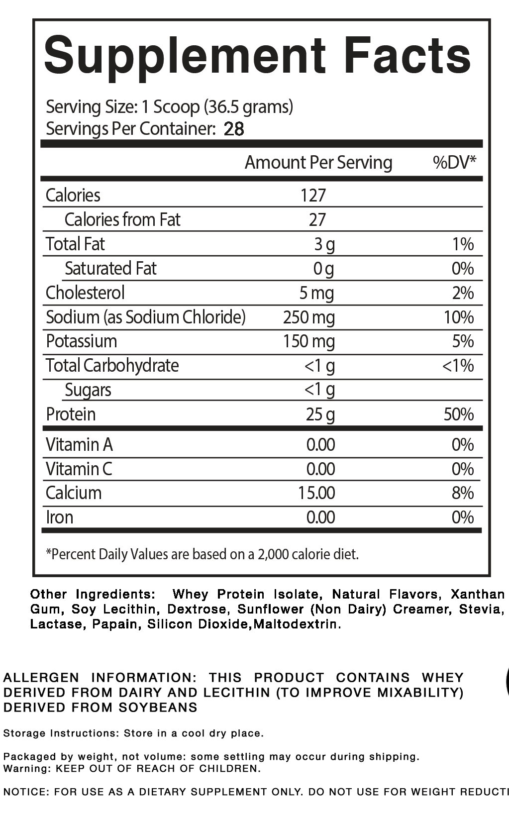 Elite Muscle Fuel Kids Cereal Supplement Facts label