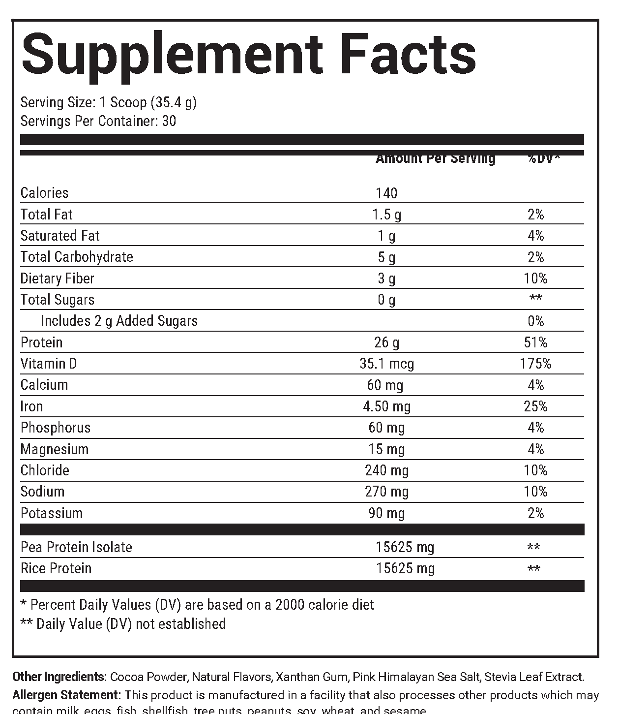 Elite Muscle Fuel Vegan Chocolate Supplement Facts label